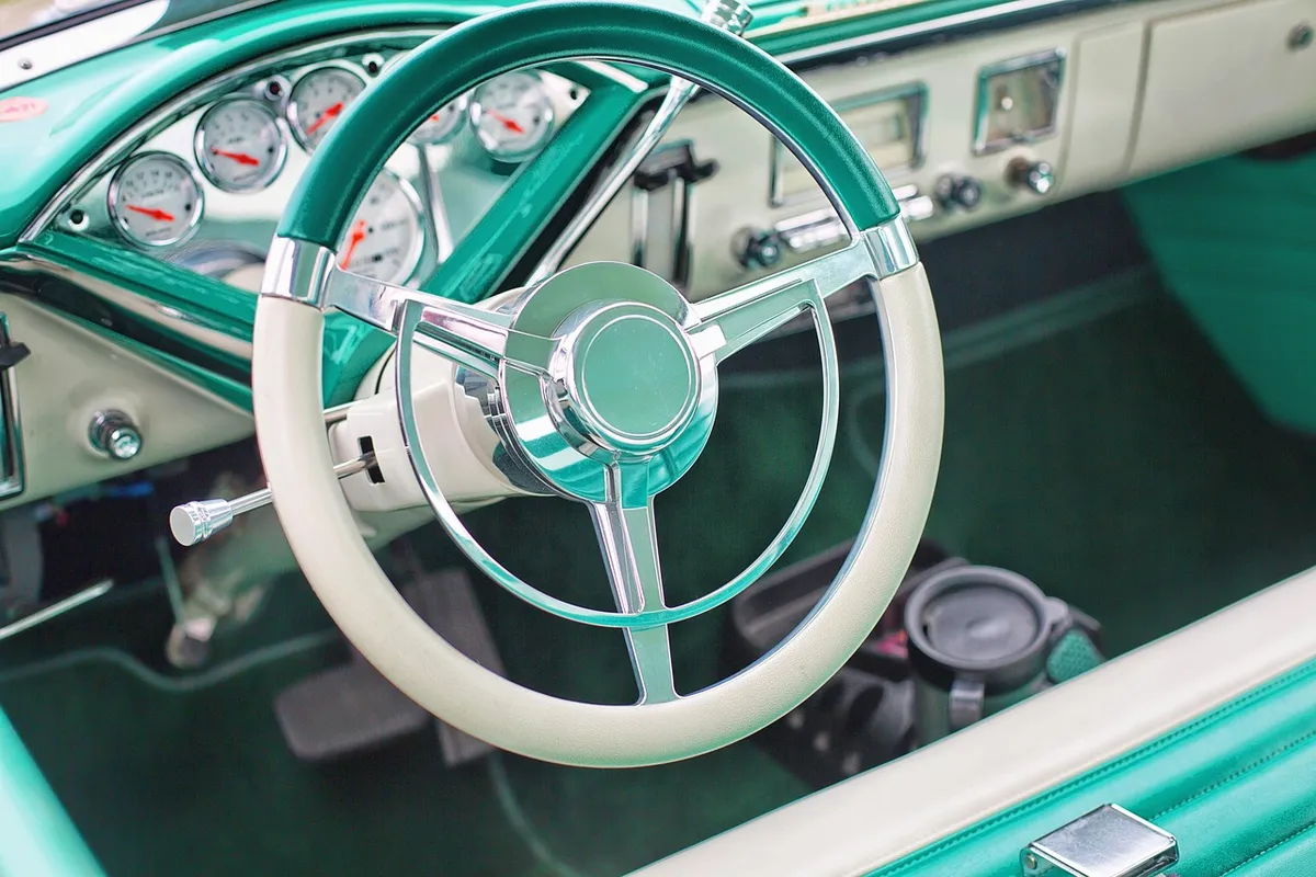 vintage car, steering wheel, turquoise, interior, dashboard, old, automobile, auto, retro, classic, transportation, automotive, vehicle, vintage car, vintage ca