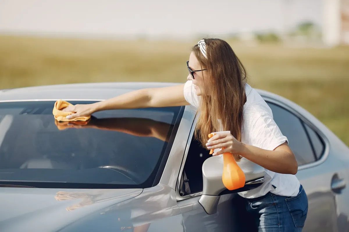Side view of cheerful female driver in sunglasses and casual clothes cleaning windshield of modern car with microfiber cloth and spray bottle against green fiel